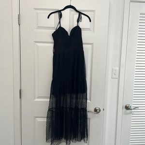 Romantic Spot Black Polka Dot Mesh Tiered Midi Dress